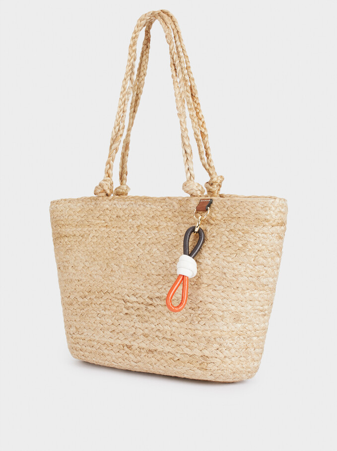 Jute Shopper Bag With Pendant, Beige, hi-res
