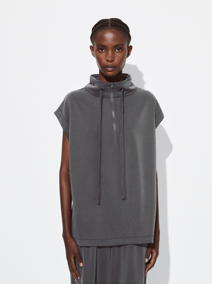 Sleveless Jogger Top With Zip, Grey, hi-res