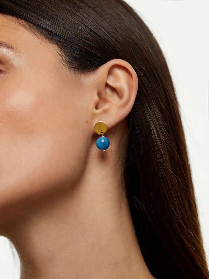 Steel Earrings With Semiprecious Stone, Blue, hi-res