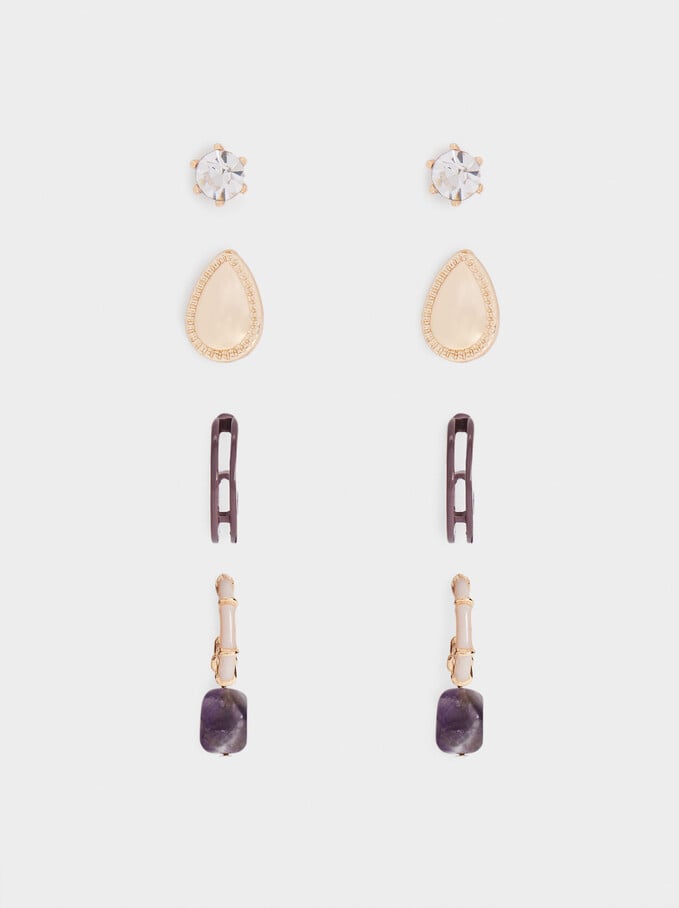 Set Of Hoop Earrings With Crystals, Violet, hi-res