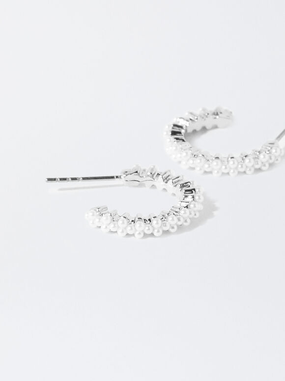 Silver-Plated Hoop Earrings With Faux Pearls, Silver, hi-res