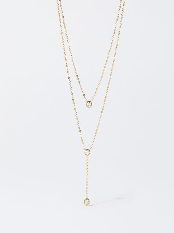 Silver Stainless Steel Necklace With Crystals, Golden, hi-res
