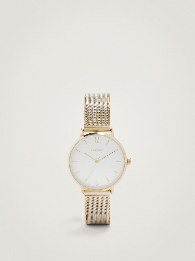 Watch With Stainless Steel Metallic Mesh Strap, Golden, hi-res