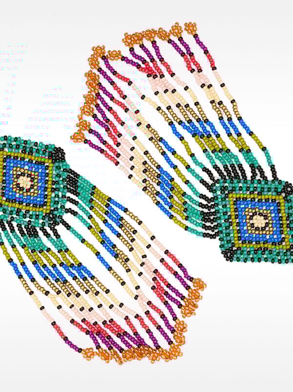 Striped diamond-shaped earrings with beads