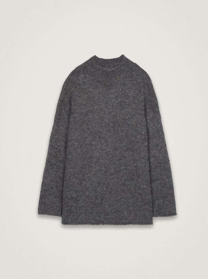 Knitted Perkins Neck Sweater, Grey, hi-res