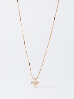 Silver Necklace With Cross And Zirconias, , hi-res
