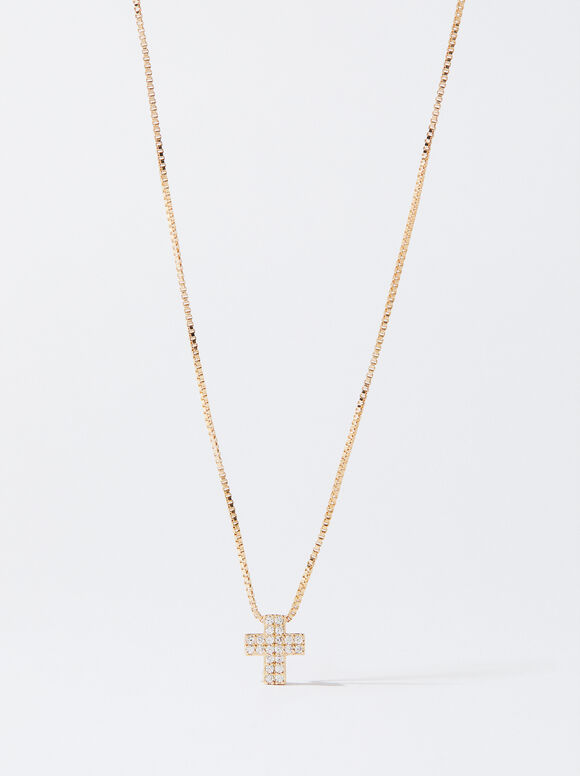 Silver Necklace With Cross And Zirconias, , hi-res