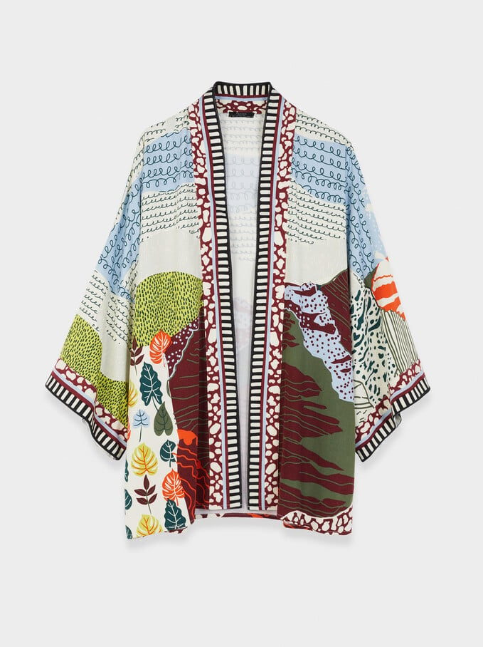 Printed Open Kimono , Multicolor, hi-res
