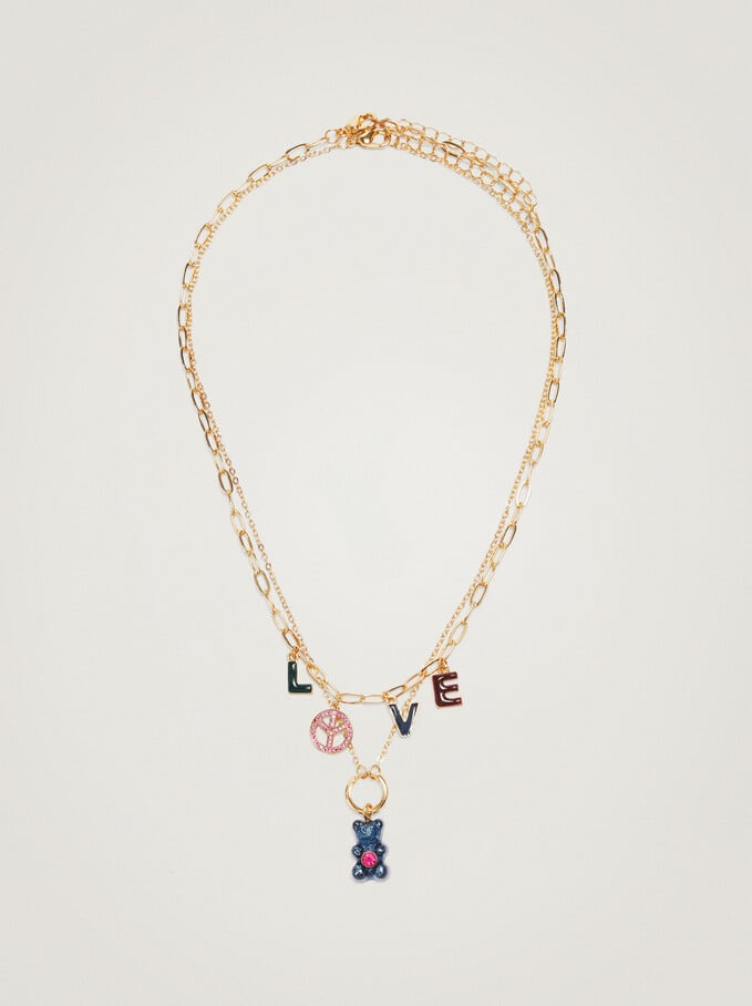 Set Of Contrast Love Necklaces With Charm, Multicolor, hi-res