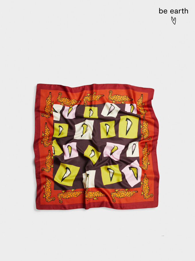Printed Square Neckerchief Made From Recycled Materials, Orange, hi-res