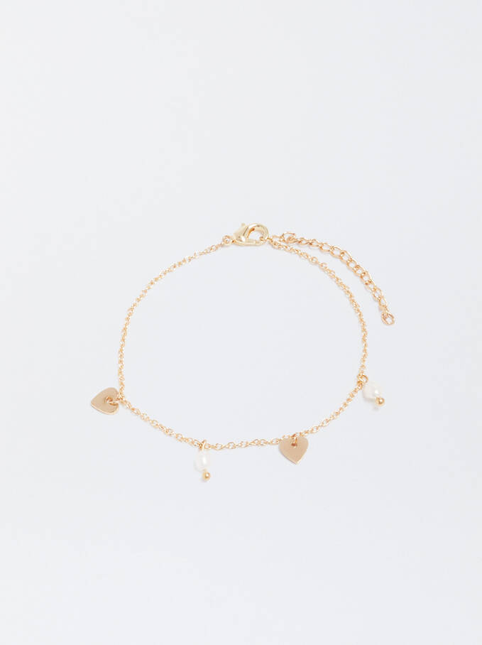 Bracelet With Pearl And Hearts, Golden, hi-res