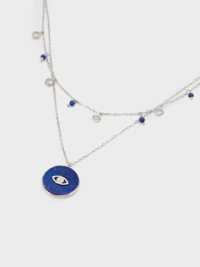 Short 925 Silver Stone And Eye Necklace, Blue, hi-res