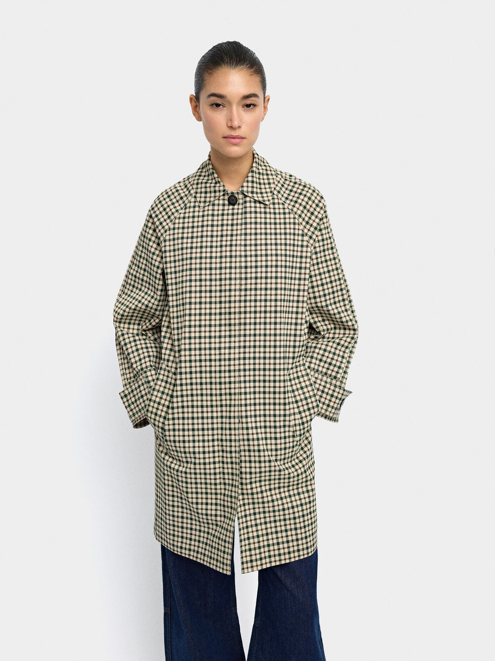 Parka with printed check pattern