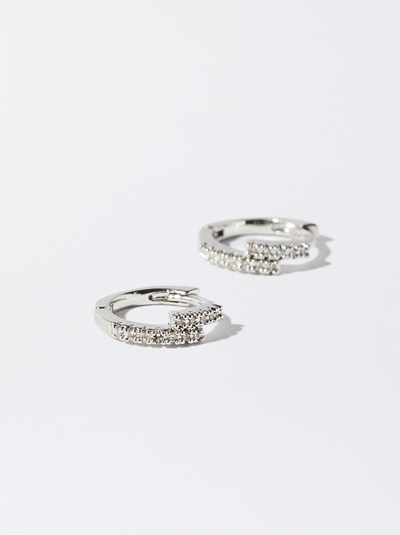 Silver-Plated Hoop Earrings With Cubic Zirconia, Silver, hi-res