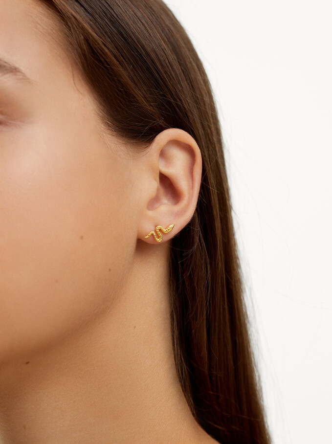 925 Silver Studs With Snake, Golden, hi-res