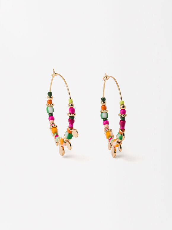 Golden Hoops With Multicolored Beads, Multicolor, hi-res