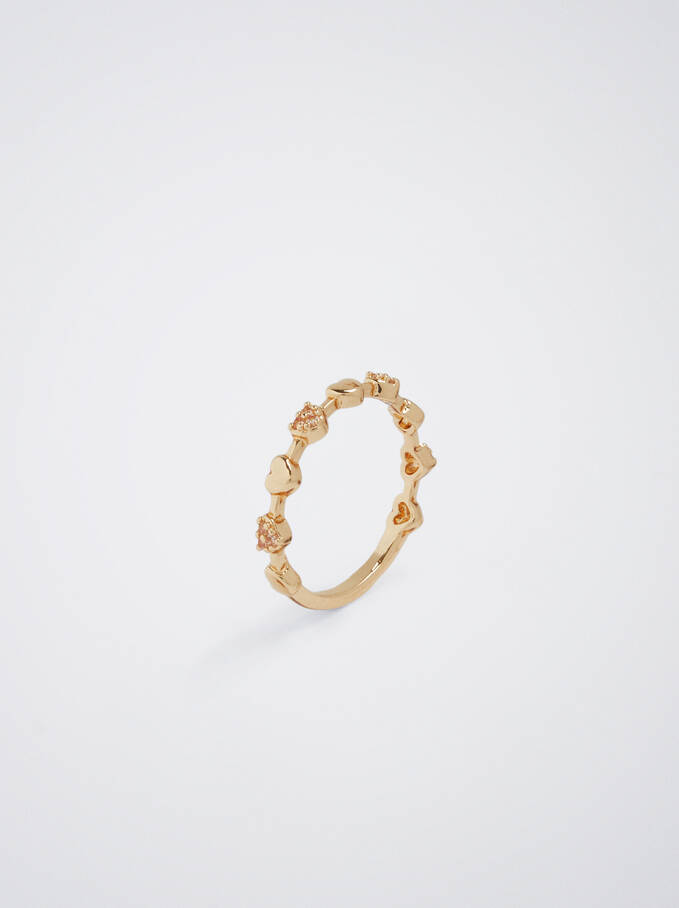 Ring With Hearts And Zirconia, Golden, hi-res