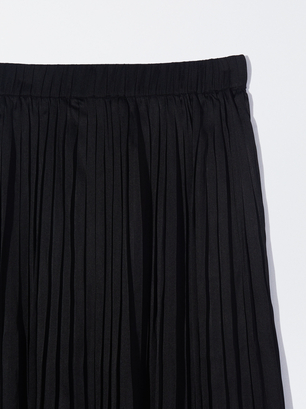 Long Pleated Skirt, Black, hi-res