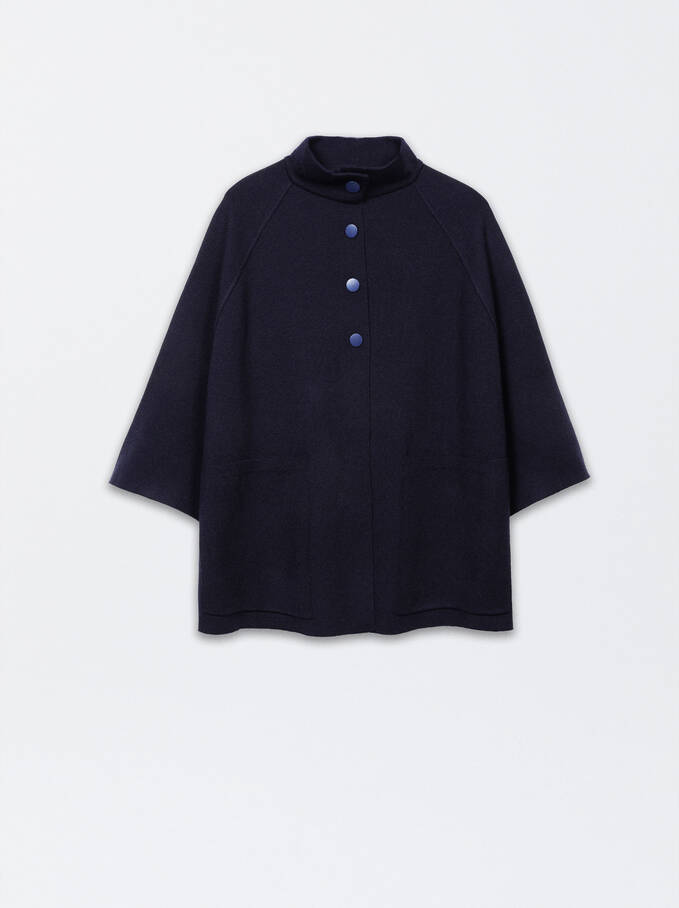 Knit Poncho With High Neck, Blue, hi-res