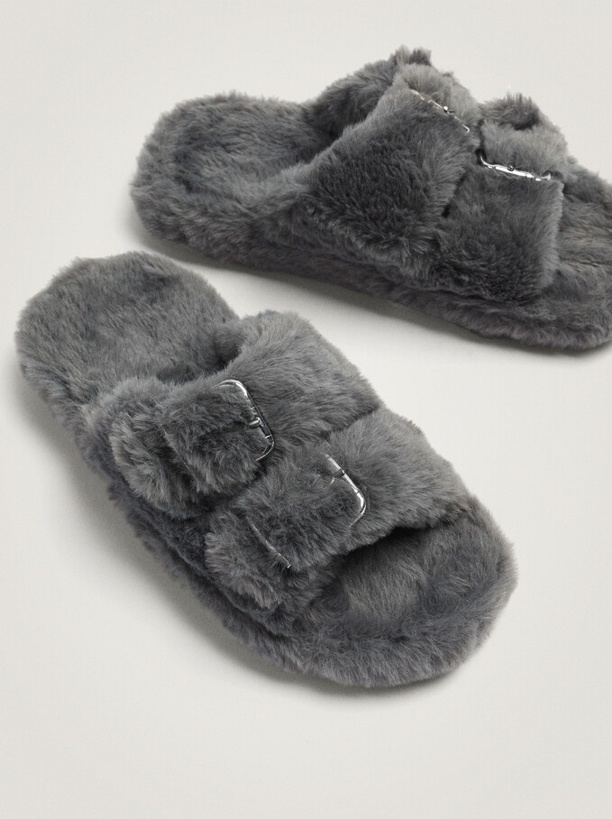 Faux Fur Slippers With Buckles, Grey, hi-res