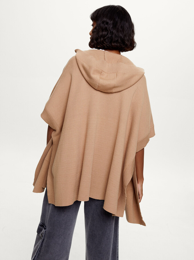 Hooded Knit Poncho With Pockets, Beige, hi-res