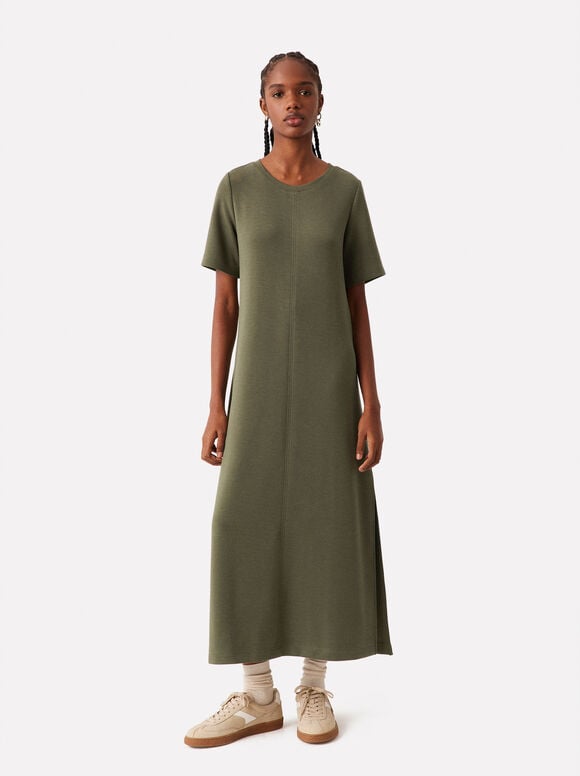 Flowy Dress With Short Sleeves , Khaki, hi-res