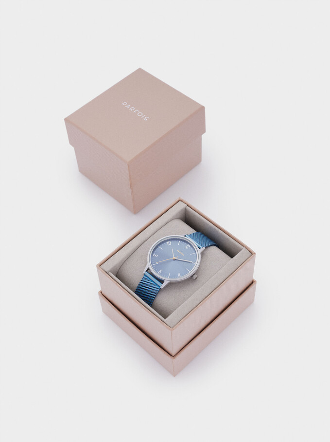 Watch With Metallic Strap, Blue, hi-res