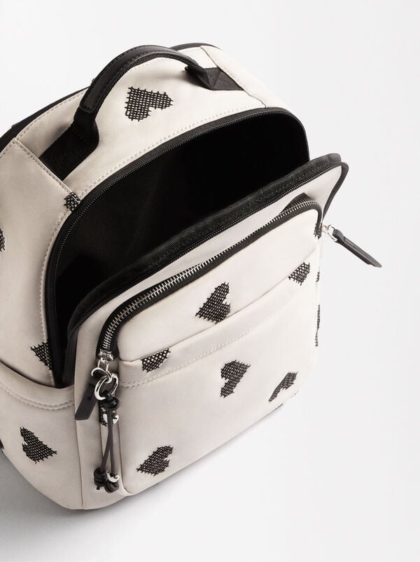 Nylon backpack with hearts embroidery