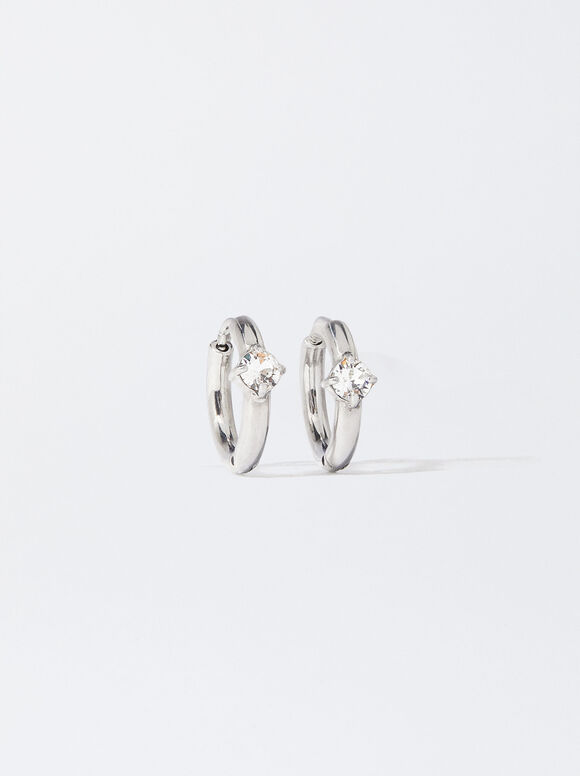 Stainless Steel Hoop Earrings With Crystals, Silver, hi-res