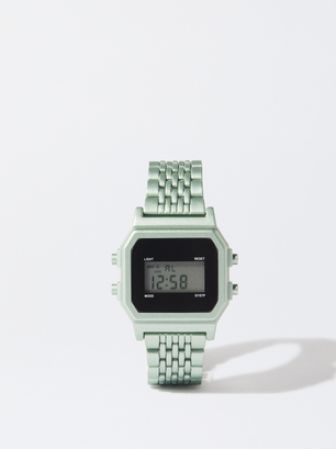 Digital Watch With Metallic Mesh Wristband, Green, hi-res