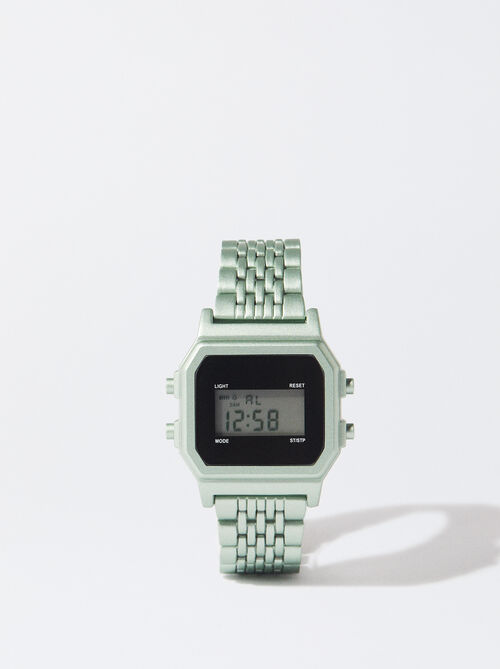 Digital Watch With Metallic Mesh Wristband