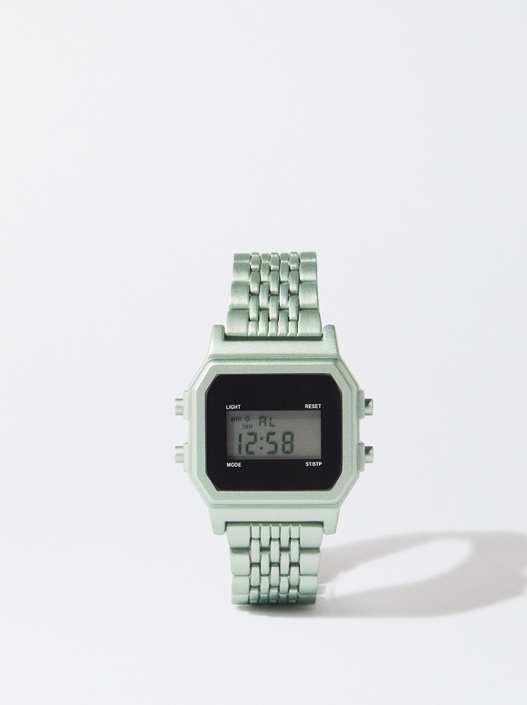 Digital Watch With Metallic Mesh Wristband, , hi-res