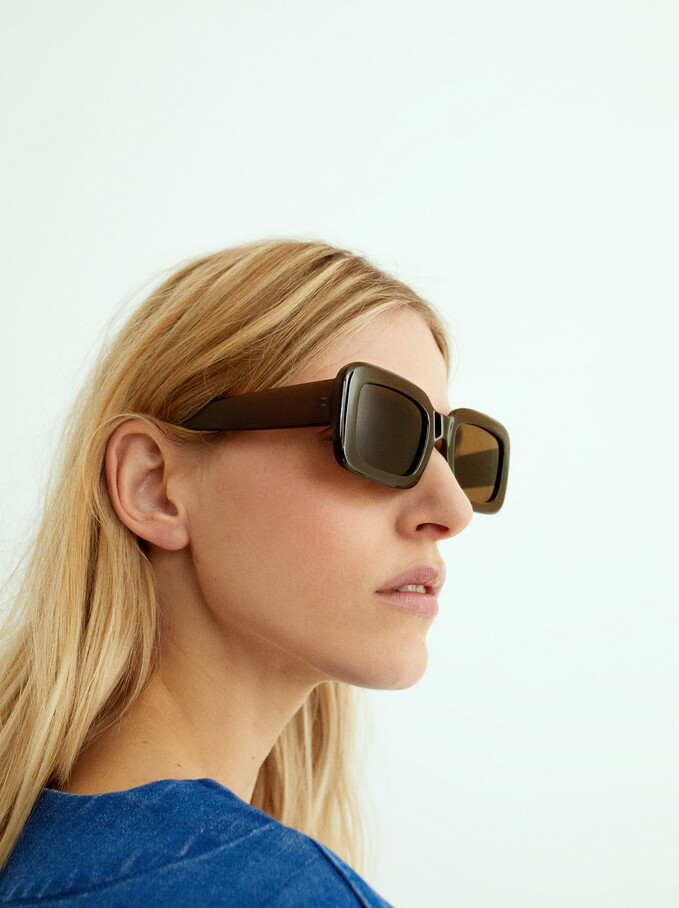 Square Frame Sunglasses, Khaki, hi-res