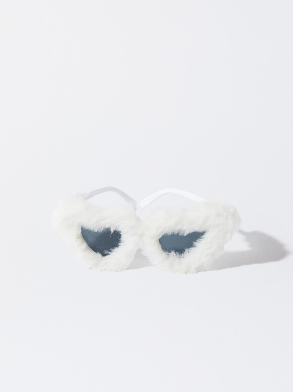 Online Exclusive - Heart Eye Sunglasses With Fur, White, hi-res