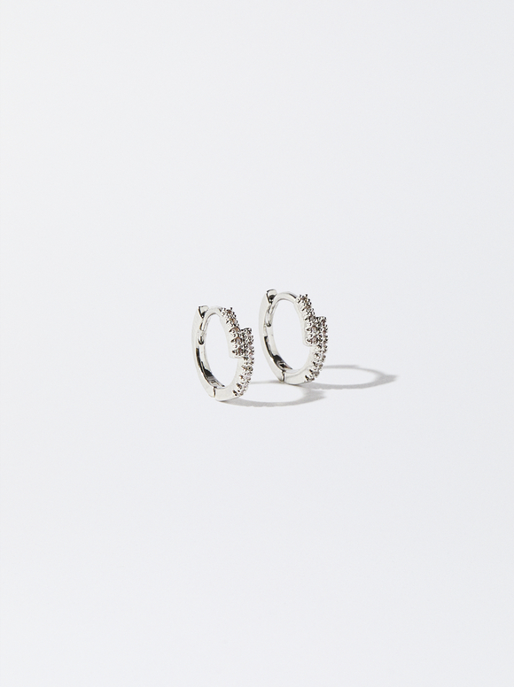 Silver-Plated Hoop Earrings With Cubic Zirconia, Silver, hi-res