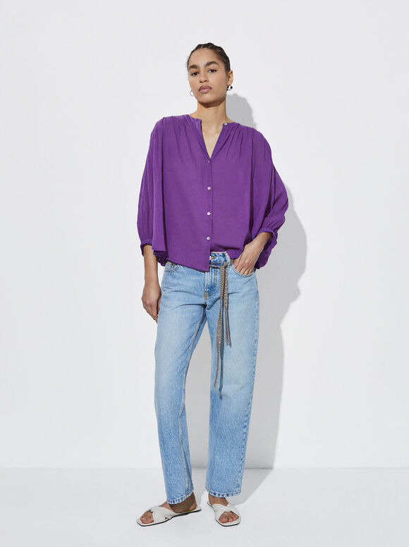Cotton Shirt With Puffed Sleeves, Purple, hi-res