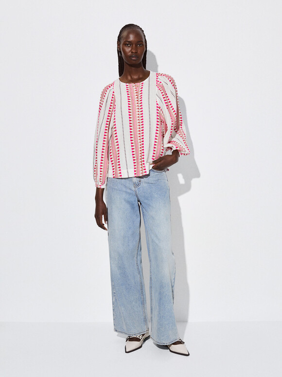 Jacquard Puff Sleeve Shirt, Pink, hi-res