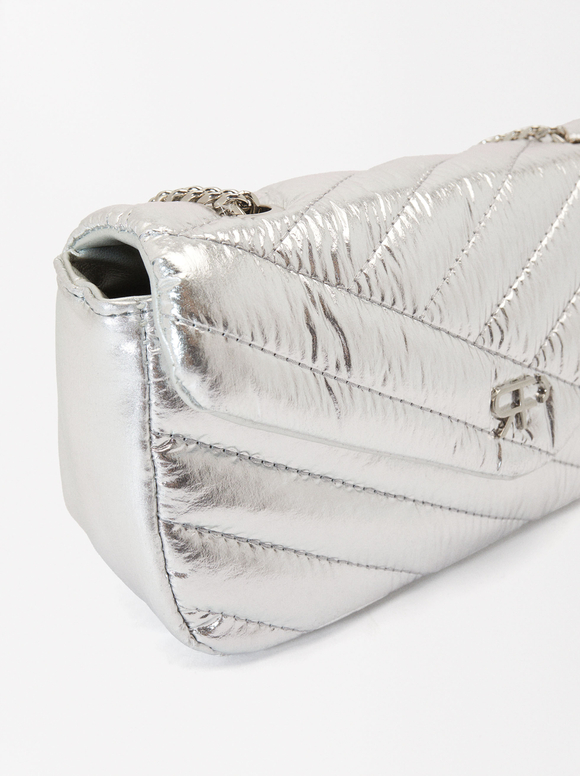 Quilted Shoulder Bag With Chain, Silver, hi-res
