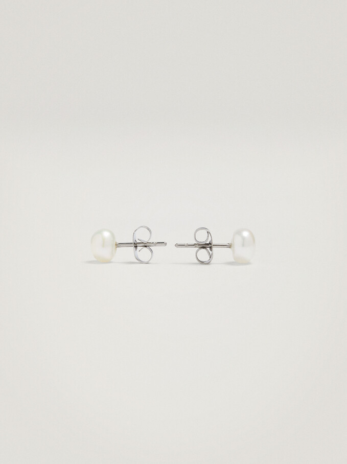 Steel Earrings With Freshwater Pearl, Silver, hi-res
