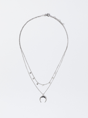 Short 925 Silver Necklace With Horn Pendant, Silver, hi-res
