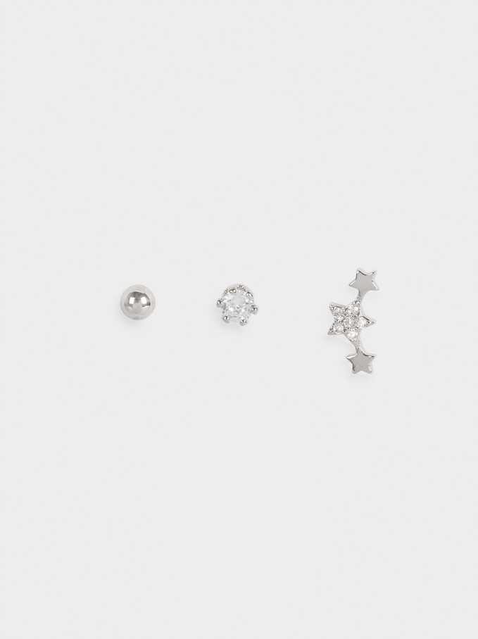 Set Of Earrings With Stars And Zirconia, Silver, hi-res