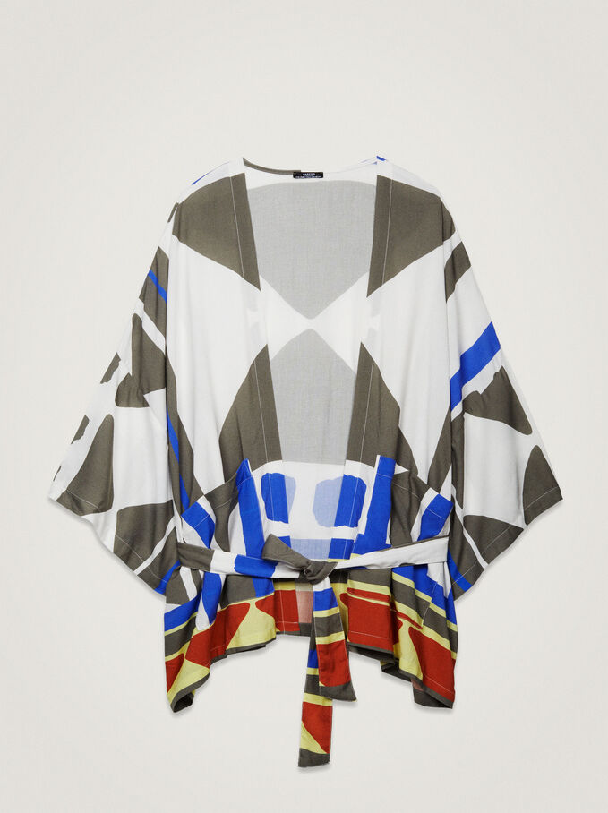 Printed Kimono With Belt, Grey, hi-res