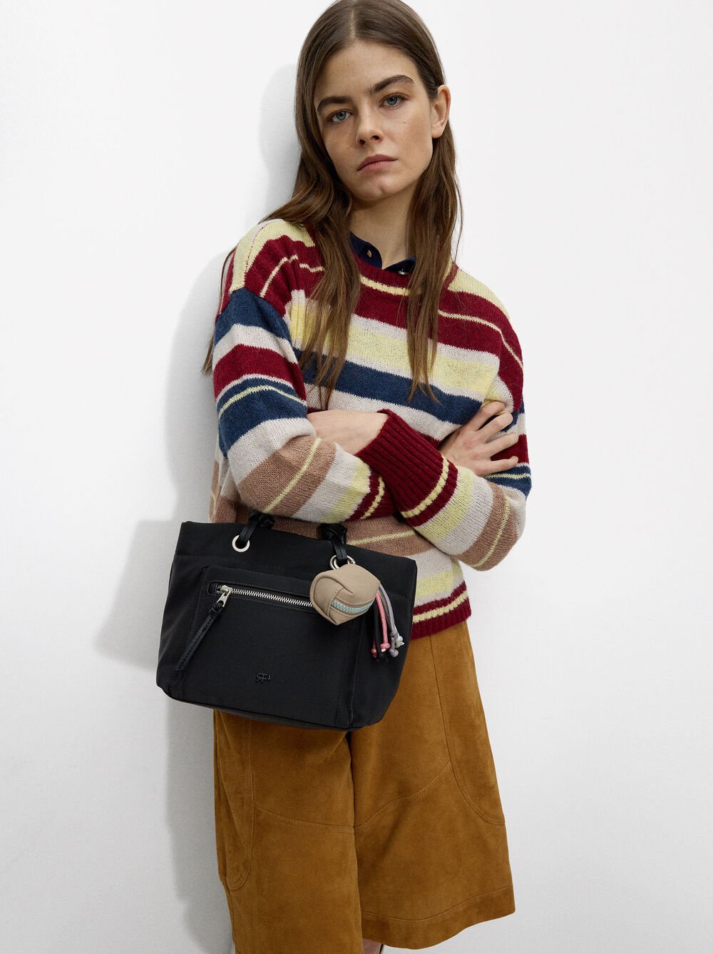 Nylon-effect tote bag with charm