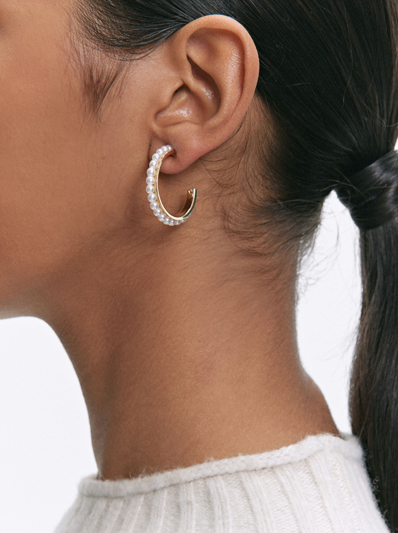 Golden Hoop Earrings With Pearls, Golden, hi-res