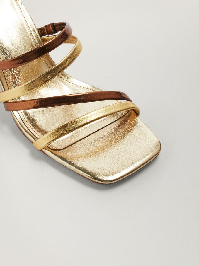 Metallic Strappy High-Heel Sandals, Golden, hi-res