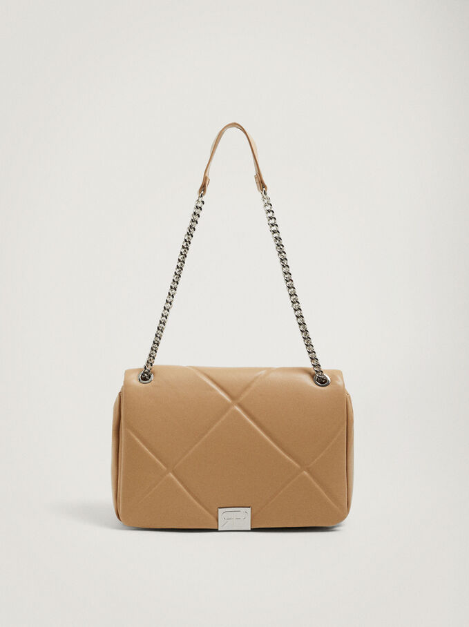 Quilted Crossbody Bag With Chain, Camel, hi-res