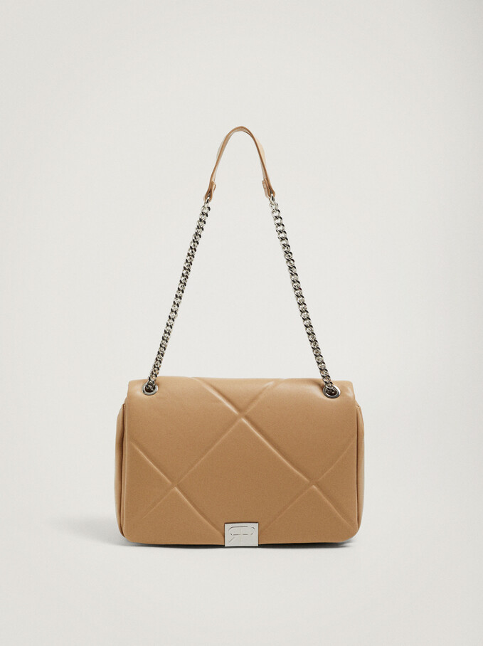 Quilted Crossbody Bag With Chain, Camel, hi-res
