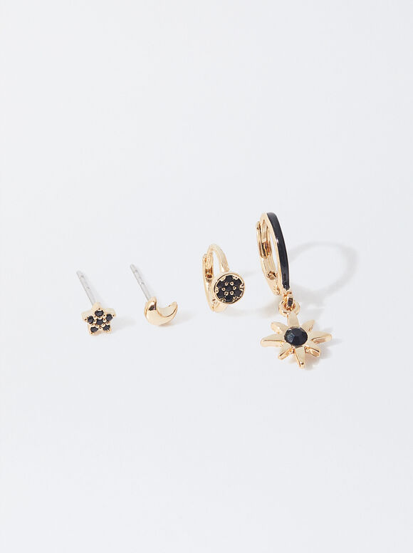 Set Of Gold-Toned Earrings With Cubic Zirconia, Black, hi-res