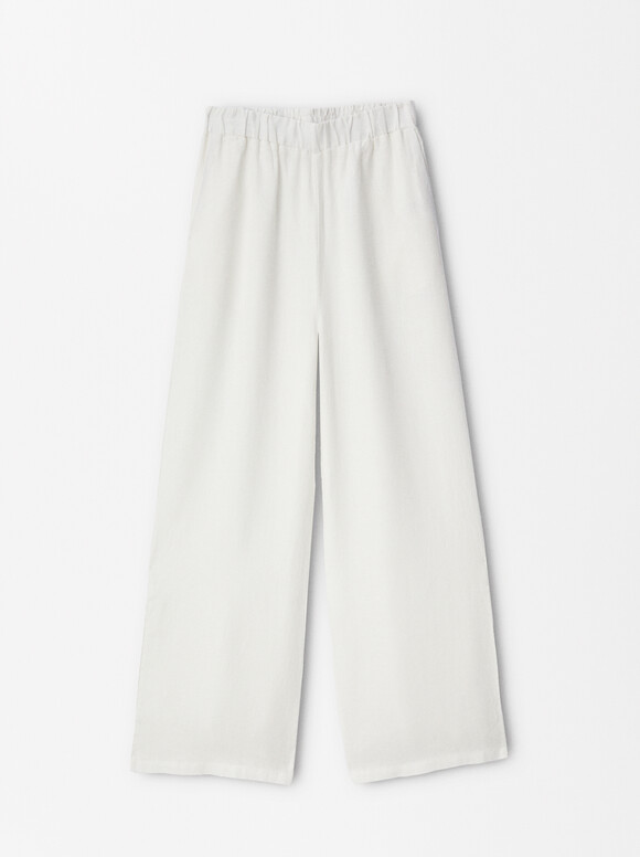 100% Linen Trousers, White, hi-res