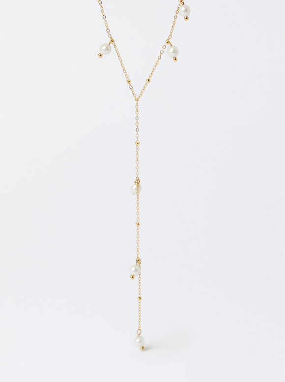 Stainless Steel Necklace With Pearls, Golden, hi-res